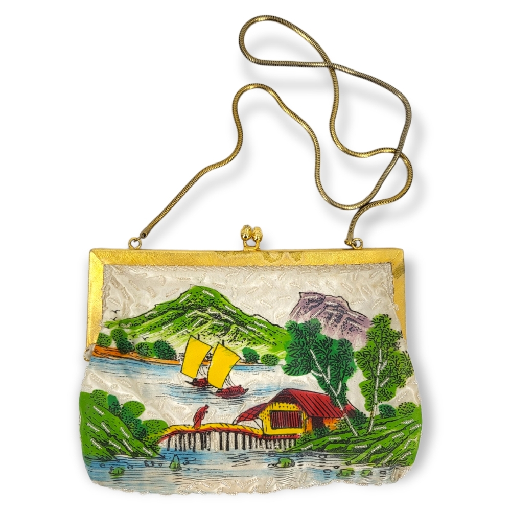 Vintage 1950s Adele Handbags Miami Oriental Beaded Kiss Lock Japanese Landscape